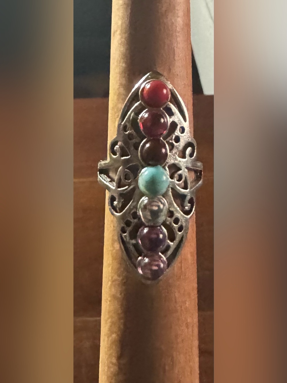 Multi-Gemstone Silver Tone Statement Ring - Red, Brown, Turquoise, Purple